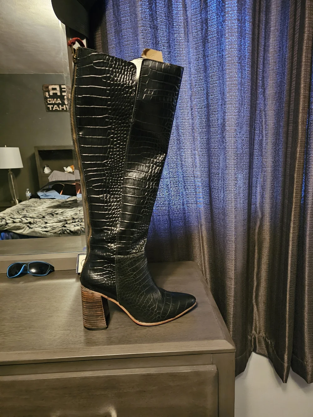 Black Croc-Embossed Knee-High Leather Boots - Women